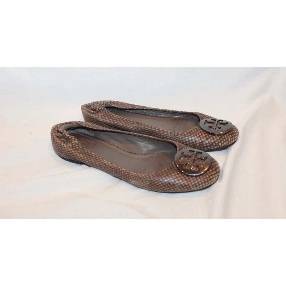 TORY BURCH REVA BALLERINA BALLET FLAT SNAKESKIN PRINT T LOGO SIZE 6.5 BROWN